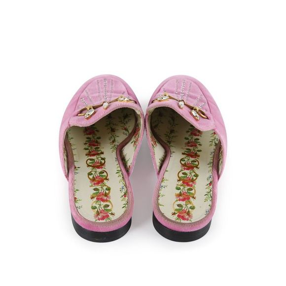 Pre Loved Gucci Pink Velvet Crystal Embellished Horsebit Princetown Mules Flats - Picture 6 of 8